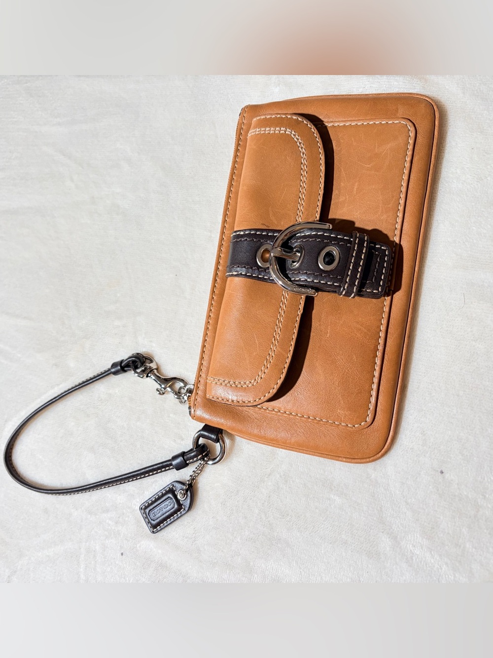 Vintage Coach SoHo Tan & Dark Brown Leather Wristlet with Buckle Accent
